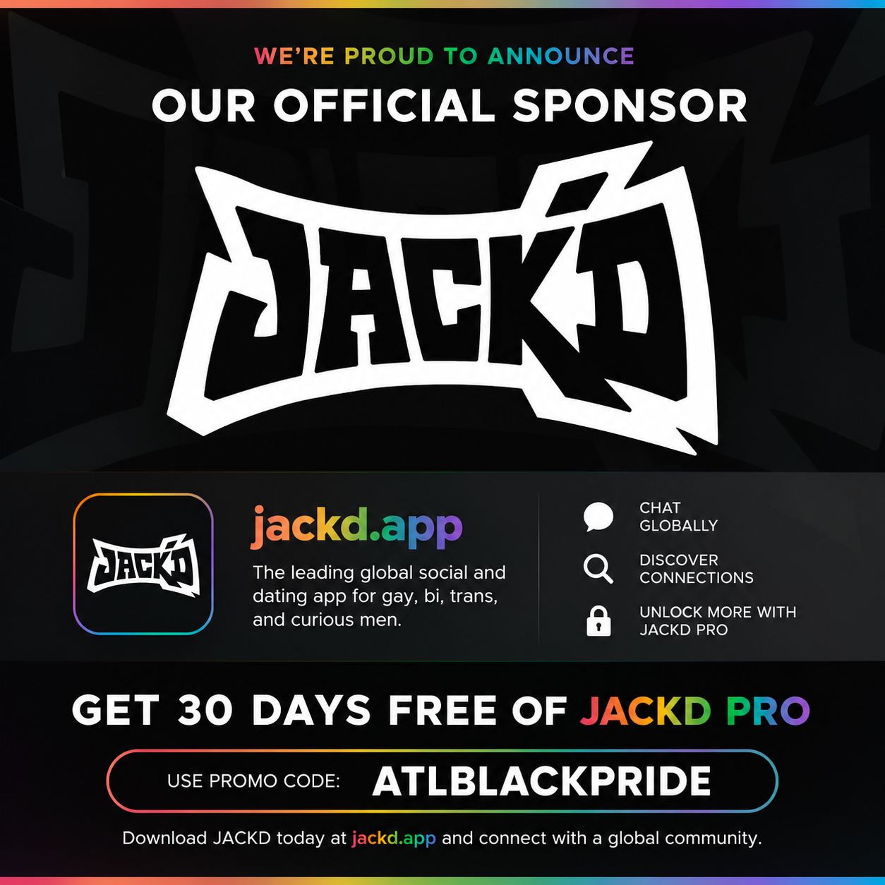 Jack’d, the official sponsor of Atlanta Black Pride, offering 30 days free of Jack’d Pro with promo code ATLBLACKPRIDE